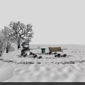 Snow Covered Trees in Winter Park Scene With Snowman Wooden Bench And Green Trash Can