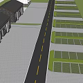 Tree Lined Urban Road With Yellow Divider Parked Cars And Green Lawns Under Blue Sky