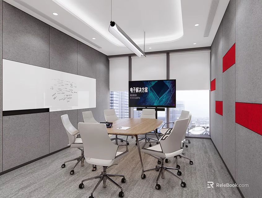 Modern Meeting Room Interior With Conference Table Whiteboard TV Screen And Gray Red Wall Accents 3d model 