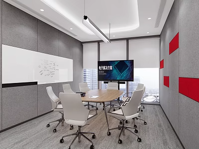Modern Meeting Room Interior With Conference Table Whiteboard TV Screen And Gray Red Wall Accents 3d model