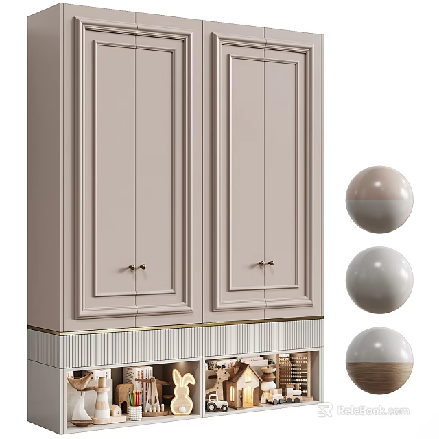 Light Colored Decorative Cabinet With Paneled Doors Brass Handles Open Lower Shelf And Decorative Spheres 3d model 
