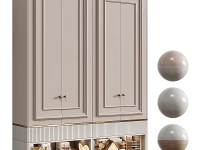 Light Colored Decorative Cabinet With Paneled Doors Brass Handles Open Lower Shelf And Decorative Spheres 3d model