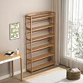 Wooden Open Shelf Bookcase With Books Decorative Items And Potted Plant In Modern Living Room