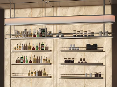 Modern Wine Rack With Multiple Shelves Holding Various Wine Bottles And Glassware 3d model