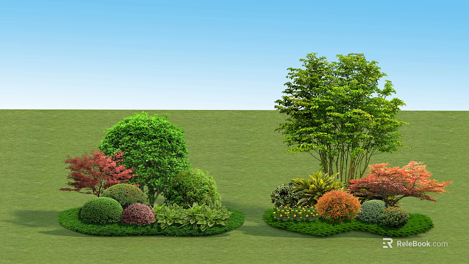 Vibrant Shrubs with Green Red Orange Yellow Foliage in Lawn Garden 3d model 