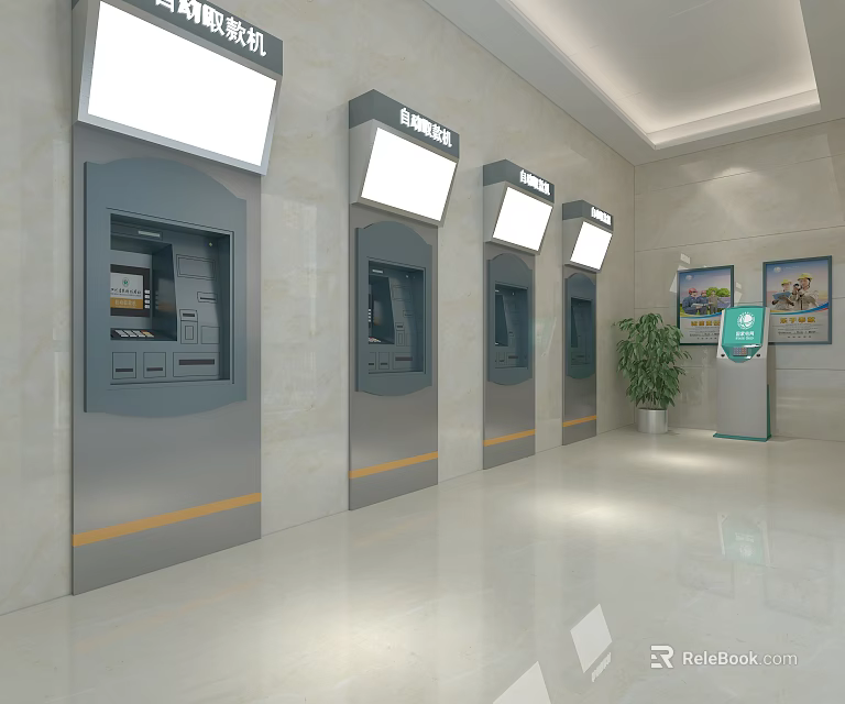Bank Self Service Area With ATMs In Clean Tidy Lobby Interior 3d model 