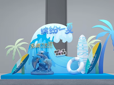 Colorful Summer Themed Decoration For Trace free Bookstore With Dolphin Sculpture Surfboards Lifebuoy And Palm Trees 3d model
