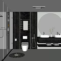Modern Bathroom Interior With Glass Shower Round Mirror And Double Vanity Sinks