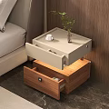 Modern Wooden Bedside Table With Open Drawer Divided Compartments Cup And Small Plant