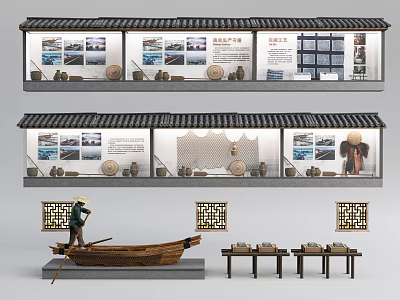 Traditional Cultural Exhibition Display With Cabinets Pictures Texts Boat Model And Tables 3d model