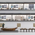 Traditional Cultural Exhibition Display With Cabinets Pictures Texts Boat Model And Tables