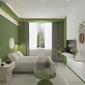 Modern Hotel Room Interior With Green Walls White Bed Round Mirror And Lighting