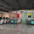 Modern Internet Cafe Interior With Multiple Computers Comfortable Seats And Glass Partitions 3d model