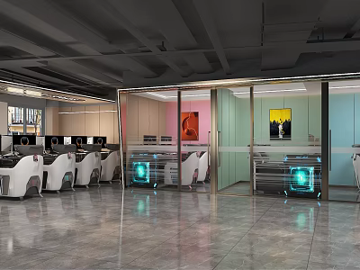 Modern Internet Cafe Interior With Multiple Computers Comfortable Seats And Glass Partitions 3d model