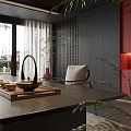 Modern Tea Room With Dark Walls Red Accents And Plants