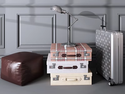 Stacked Vintage Suitcases With Various Colors And Wheeled Luggage Near Grey Wall 3d model