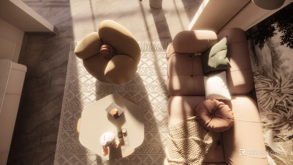 Cozy Warm Living Dining Room With Sofa Armchair Coffee Table And Natural Light 3d model 