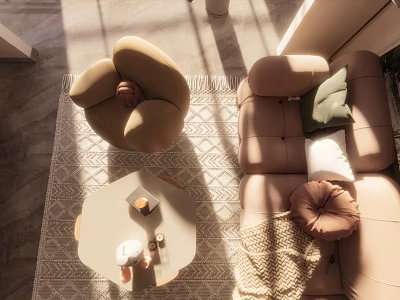 Cozy Warm Living Dining Room With Sofa Armchair Coffee Table And Natural Light 3d model