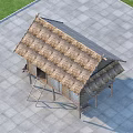 Traditional Thatch Roof Pergola With Clay Pots On Stone Slab Ground Against Blue Sky