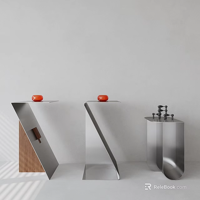 Modern Side Tables With Geometric Metal Frames And Red Decorative Vases On Sleek Tops 3d model 