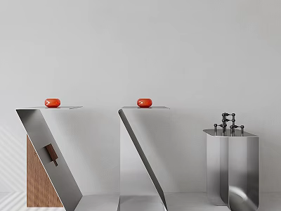 Modern Side Tables With Geometric Metal Frames And Red Decorative Vases On Sleek Tops 3d model