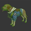 Brown Labrador Dog Wearing Blue Denim Hoodie With Backpack And Embroidered Patches