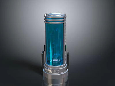 Metallic Blue Cylindrical Container With Glowing Interior Silver Base And Metal Brackets 3d model