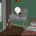 Modern Dressing Table With Round Mirror Wooden Legs Drawers And Star Lights Against Green Wall