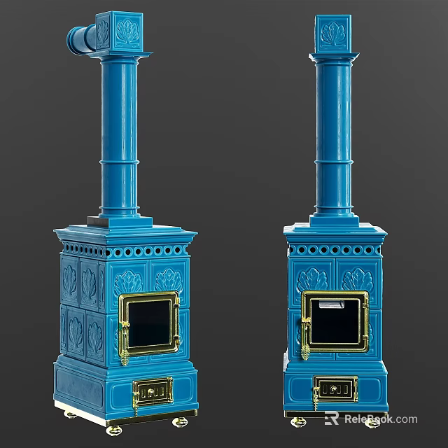 Two Blue Stoves With Decorative Patterns Golden Doors Handles And Columnar Chimneys 3d model