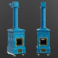 Two Blue Stoves With Decorative Patterns Golden Doors Handles And Columnar Chimneys 3d model
