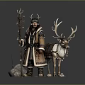 Shaman Figure With Reindeer Statue Fur Clothing Antler Headdress Trident Staff Saddle And Snow Base