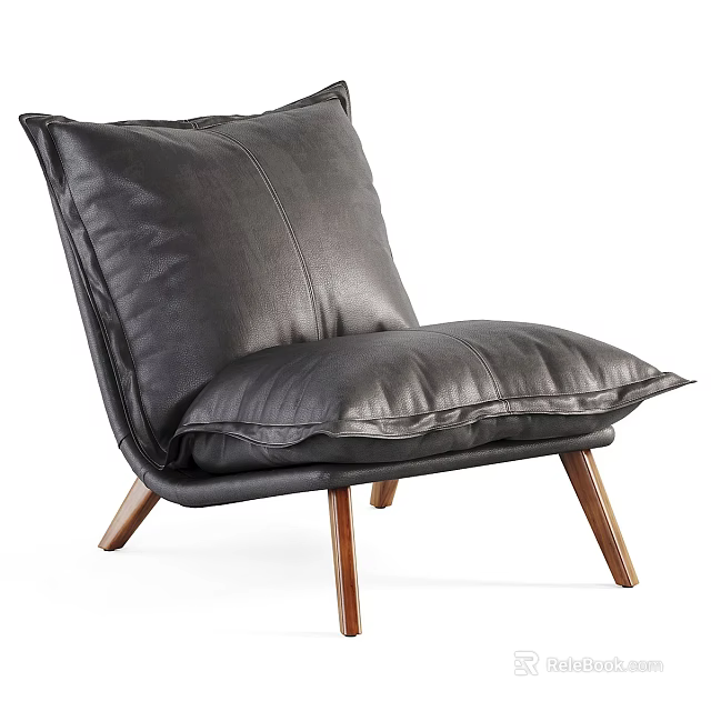 Black Leather Accent Chair with Large Cushion and Wooden Legs in Modern Design 3d model 