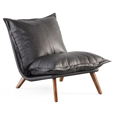 Black Leather Accent Chair with Large Cushion and Wooden Legs in Modern Design 3d model