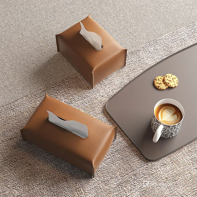 Minimalist Brown Leather Tissue Boxes With Gray Tray Coffee Cup And Cookies 3d model 