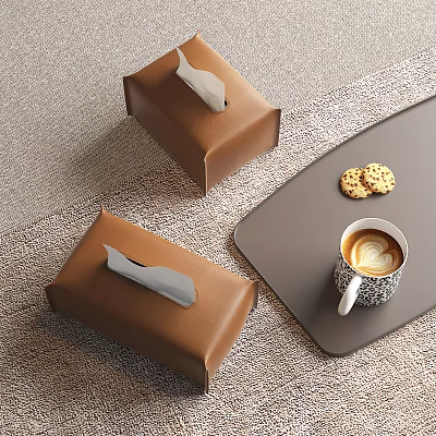 Minimalist Brown Leather Tissue Boxes With Gray Tray Coffee Cup And Cookies 3d model