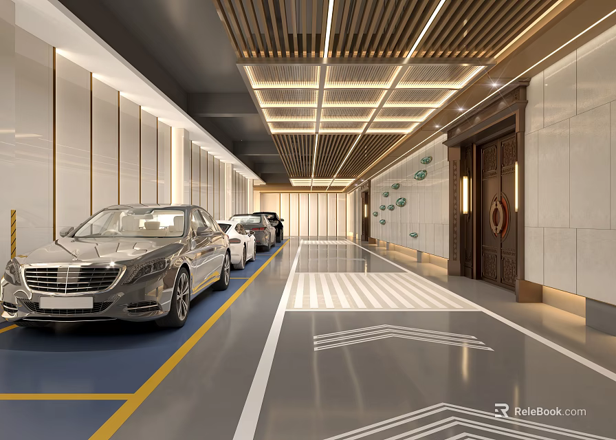 Modern Parking Garage Featuring Luxury Cars Marble Walls Wooden Ceiling and Guidance Lines 3d model 