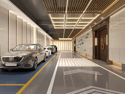 Modern Parking Garage Featuring Luxury Cars Marble Walls Wooden Ceiling and Guidance Lines 3d model