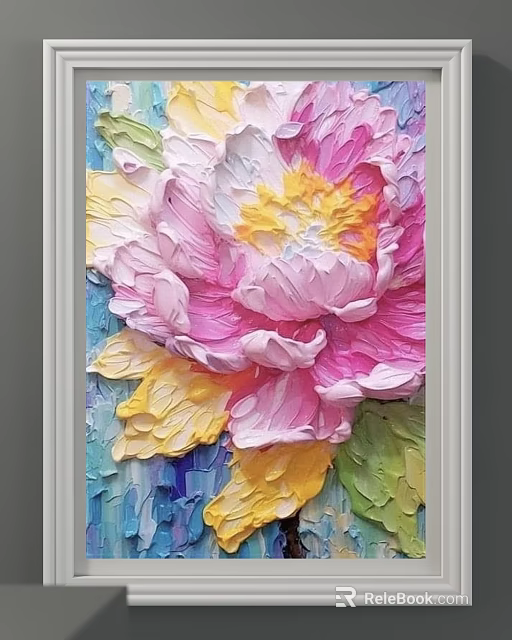 Impasto Floral Painting With Pink Yellow Flowers Green Leaves And Blue Background 3d model 
