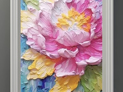 Impasto Floral Painting With Pink Yellow Flowers Green Leaves And Blue Background 3d model