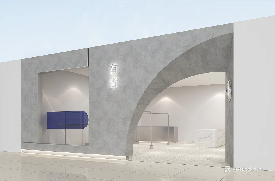 Modern Storefront Design Featuring Gray Material Arched Entrance Display Window And Blue Elements 3d model 