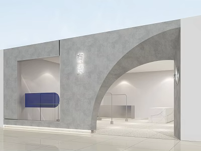 Modern Storefront Design Featuring Gray Material Arched Entrance Display Window And Blue Elements 3d model