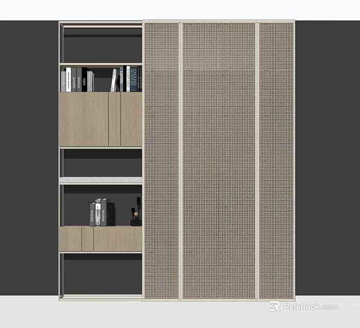 Modern Decorative Cabinet With Open Wooden Shelves And Grid Panel Design 3d model 