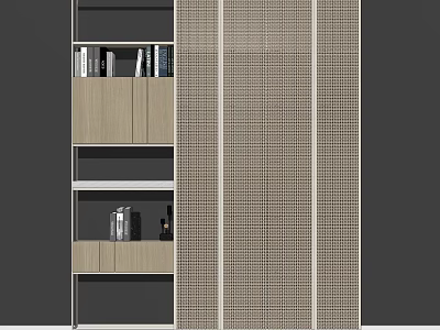 Modern Decorative Cabinet With Open Wooden Shelves And Grid Panel Design 3d model