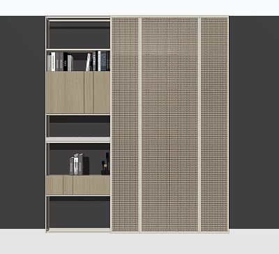 Modern Decorative Cabinet With Open Wooden Shelves And Grid Panel Design 3d model