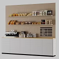 Cozy Café Interior With Wooden Wall Shelves Bread Coffee Items And White Cabinets