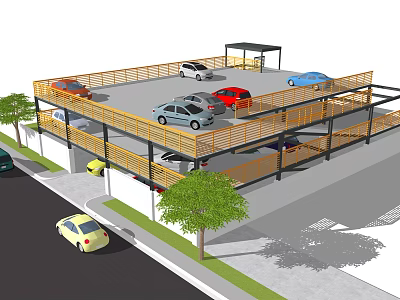 Multi Level Parking Structure For Car Parking With Different Colored Cars Trees And Street 3d model