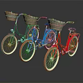 Three Colorful Vintage Bicycles With Wicker Front Baskets And White Wall Tires