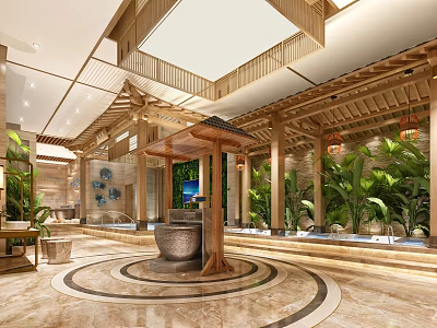 Elegant Spacious Hotel Lobby With Traditional Wooden Structure Lush Green Plants And Luxury Marble Floors 3d model