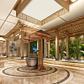 Elegant Spacious Hotel Lobby With Traditional Wooden Structure Lush Green Plants And Luxury Marble Floors