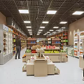 Supermarket Store Interior With Fresh Fruit Displays Shelves And Refrigerated Products